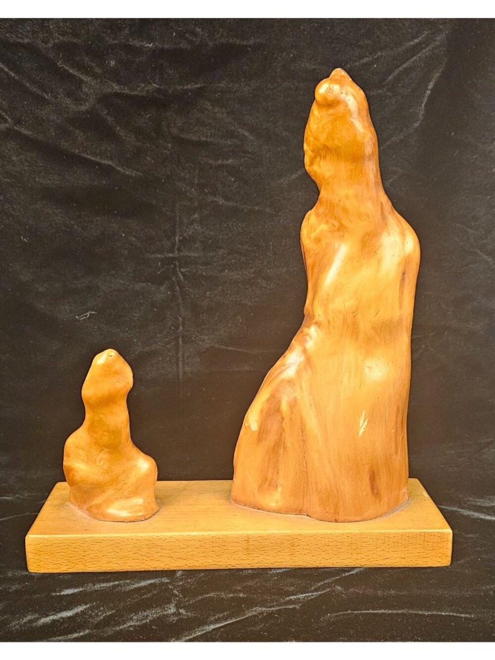 Abstract Wooden Sculpture Of Two Figures On Base - 10.5" Tall Vintage Art Piece
